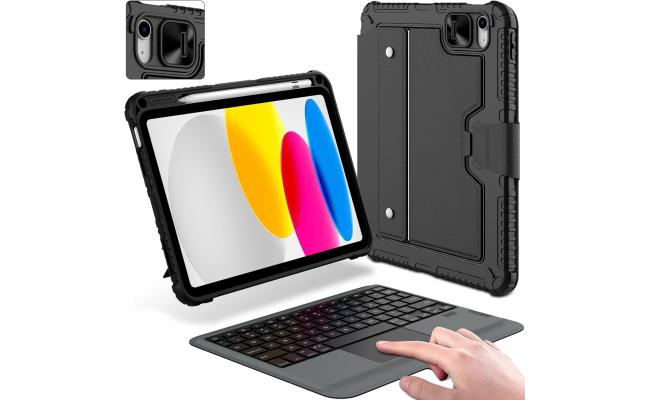 Nillkin iPad 10th Gen \ iPad A16 (11th Gen) Case with Keyboard, Slide Camera Cover, Backlit Detachable Wireless Arabic / English Keyboard with Pencil Holder and Multi-Touch Trackpad for iPad /10th Gen - Black